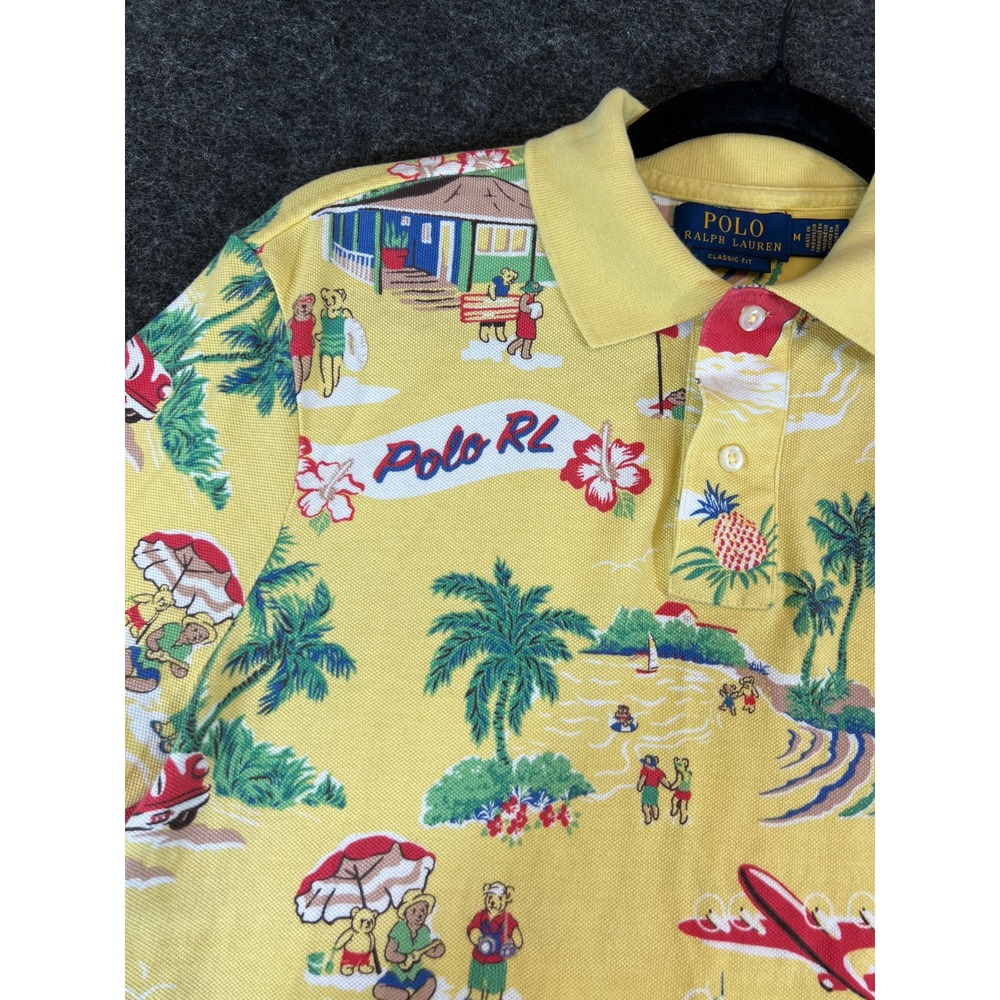 Polo Ralph Lauren Hawaiian Polo Shirt Classic Fit Mens M Yellow Holiday Bear